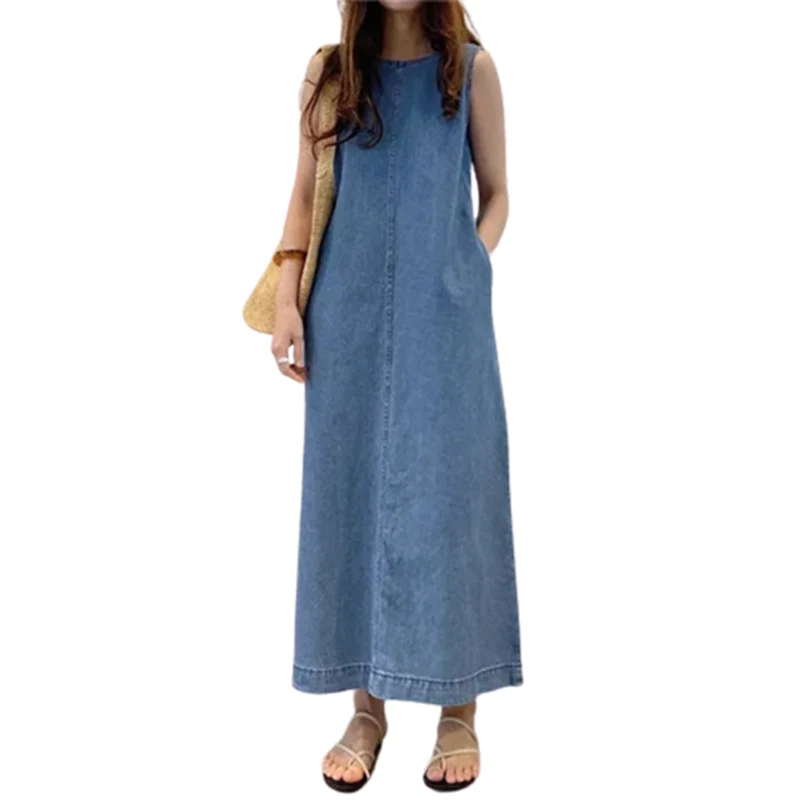 

Fashion Sleeveless Ladylike Style Denim Dress Women Loose Waist Crew Neck Pocket Dressy Female Summer Commuter Casual Vest Gown