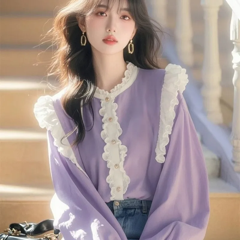 

Весна 2024, новая персонализированная свободная рубашка-поло с рюшами, фиолетовый кардиган на пуговицах