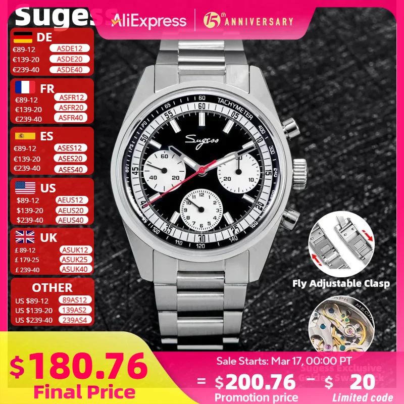 Sugess Mechanical Watch of Men Pilot 1963 38mm Domed Sapphire Crystal Origin ST19 Chronograph Swanneck Wristwatches Leather New