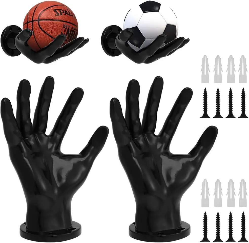 2-teiliger schwarzer Hand-Skulptur-Wandhalter für Basketball und Fußball, platzsparendes Aufbewahrungsregal für Bälle