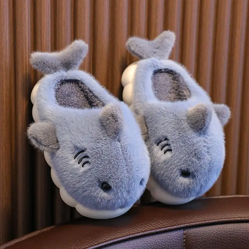 Cartoon Shark Rabbit Kids\' Slippers Winter Solid Plush Girls Boys Slippers Warm Anti Slip Soft Bottom Home Children Slippers