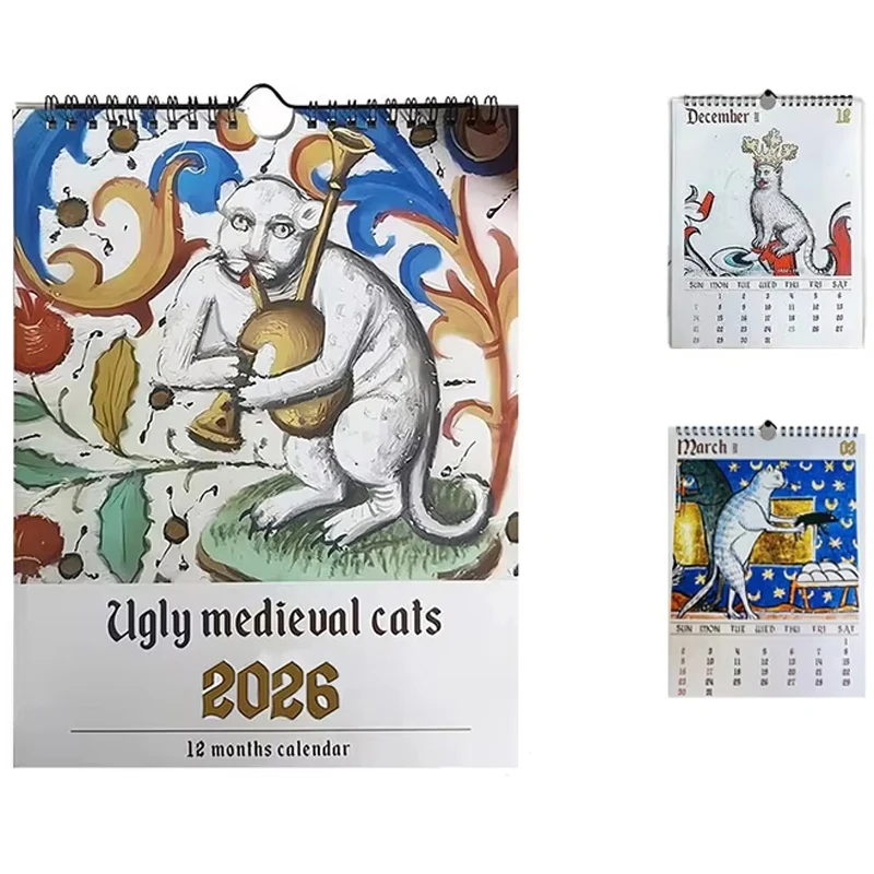 2026 Ugly Medieval Cat Calendar Weird Medieval Cats Cat Wall Calendar Hanging Interesting Medieval Cat Painting Wall Calendar