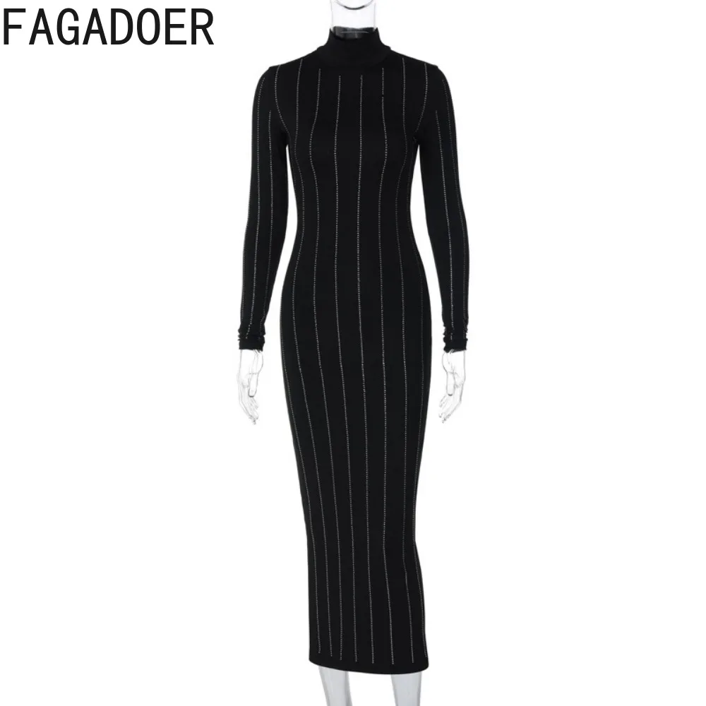 Fagadoer elegante strass vestidos femininos gola alta manga longa bodycon vestido senhora festa rua outono novas roupas