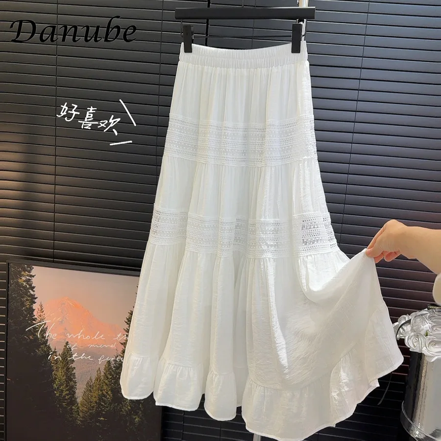 

Vintage Cotton Linen White Long Skirts Women Summer Korean Boho Elastic High Waist Midi Pleated Skirt Elegant A-Line Falda Mujer