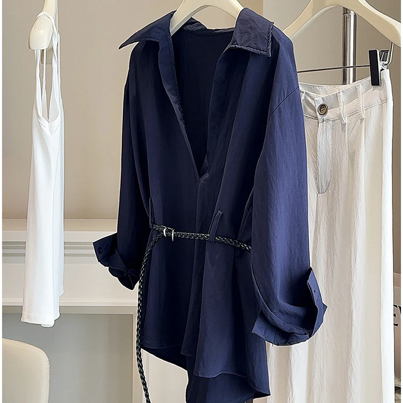 

2025 Autumn Women Long Sleeve Shirts Sets Solid Color Turn Down Collar Loose Blouse+Casual Sling Top Lady Commuter Suit