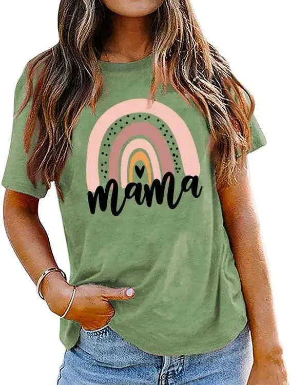 Women Rainbow Love Mama Loose Pattern Short Sleeve T-Shirt