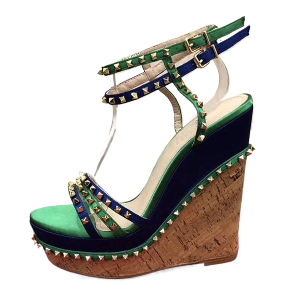 ALMUDENA Wood Wedge Heels Sandals Platform Gold Rivets Dress Pumps Women Strappy Pyramid Studded Gladiator Shoes Size43 Dropship