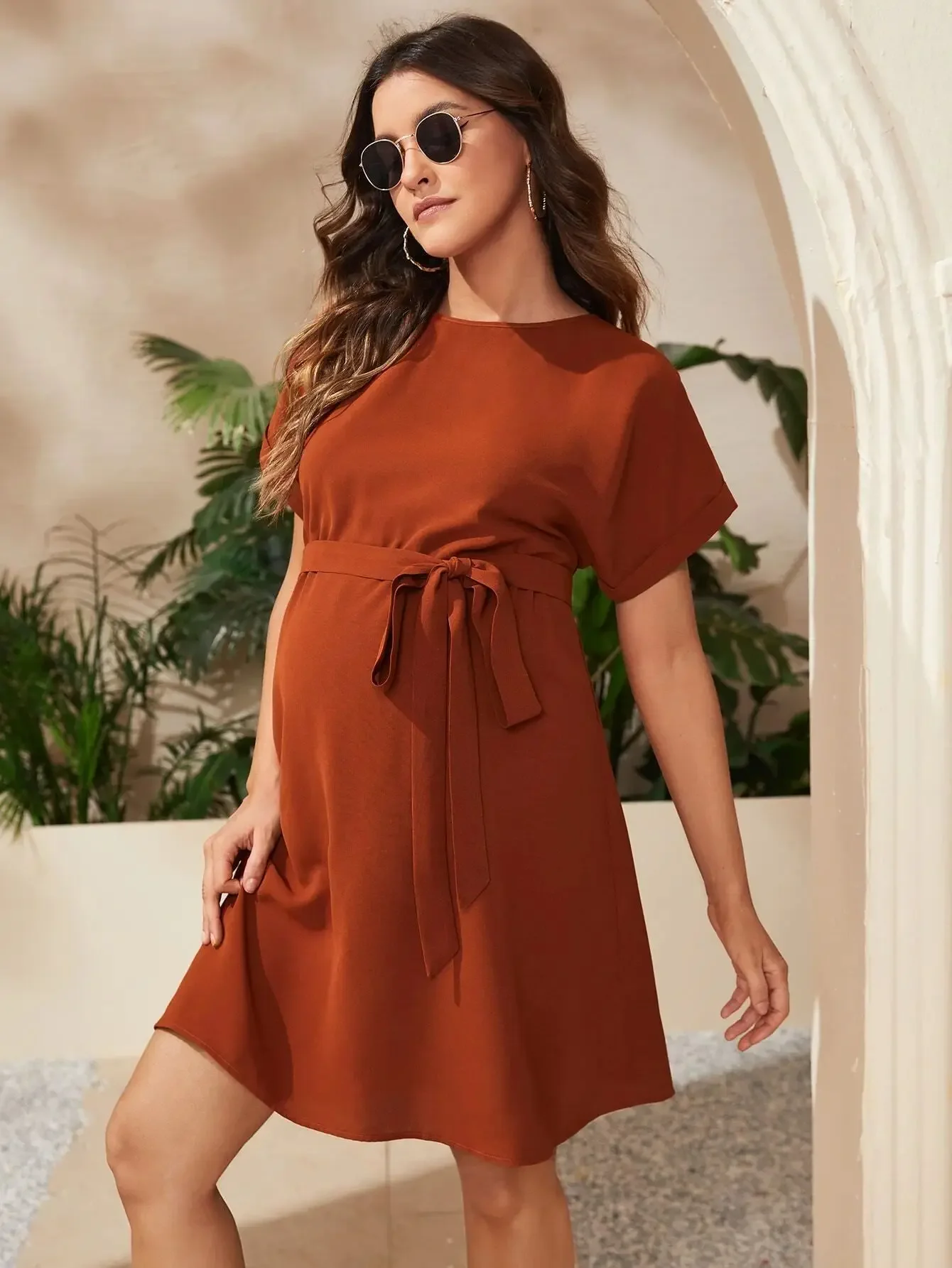 

2024 Summer Pregnant Women O Neck Short Sleeve Flap Patched Dress For Premama Clothes Maternity Solid Color Bandage Dresses New