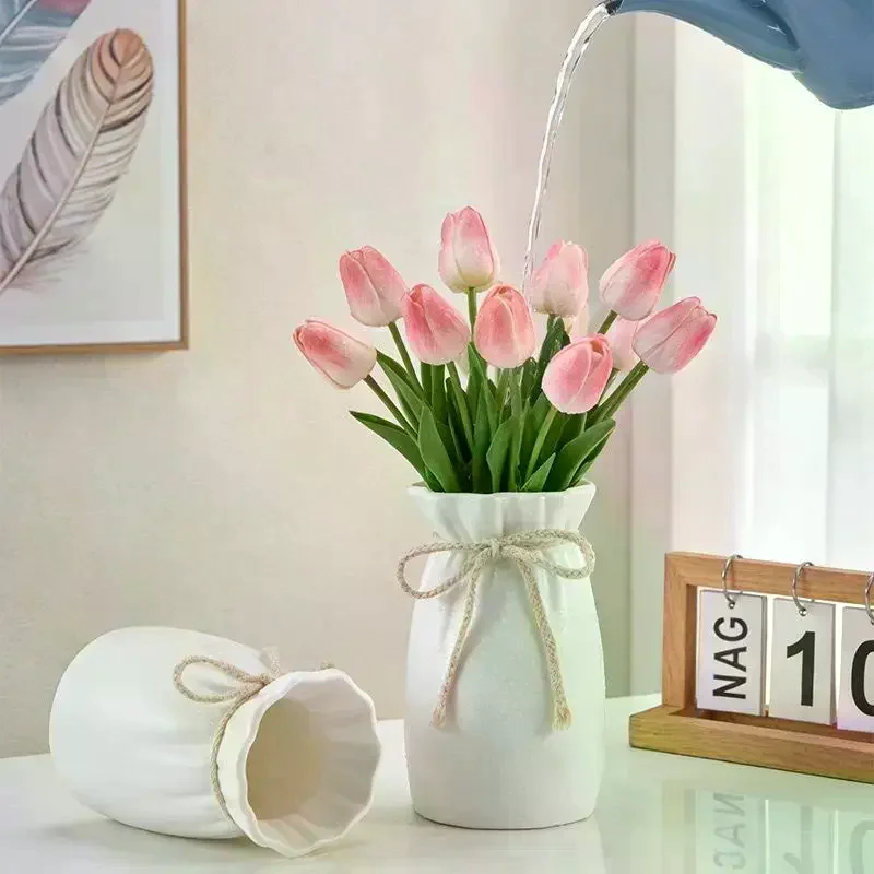 White Plastic Wide-Mouth Flower Vase With Jute Rope Bow Living Room Table Centerpiece Arrangement Ornament