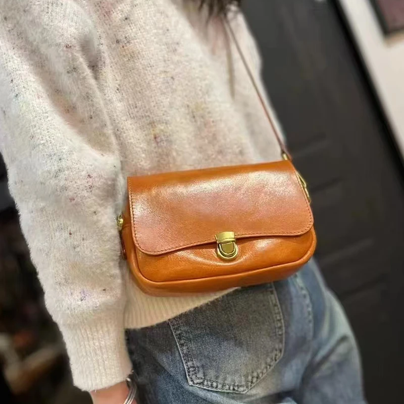 Lady Bags Shoulder Luxury Bags Women Crossbody Bag Retro Oiled Waxed Cowhide Genuine Leather Small Size Square Trend 2024 Phone