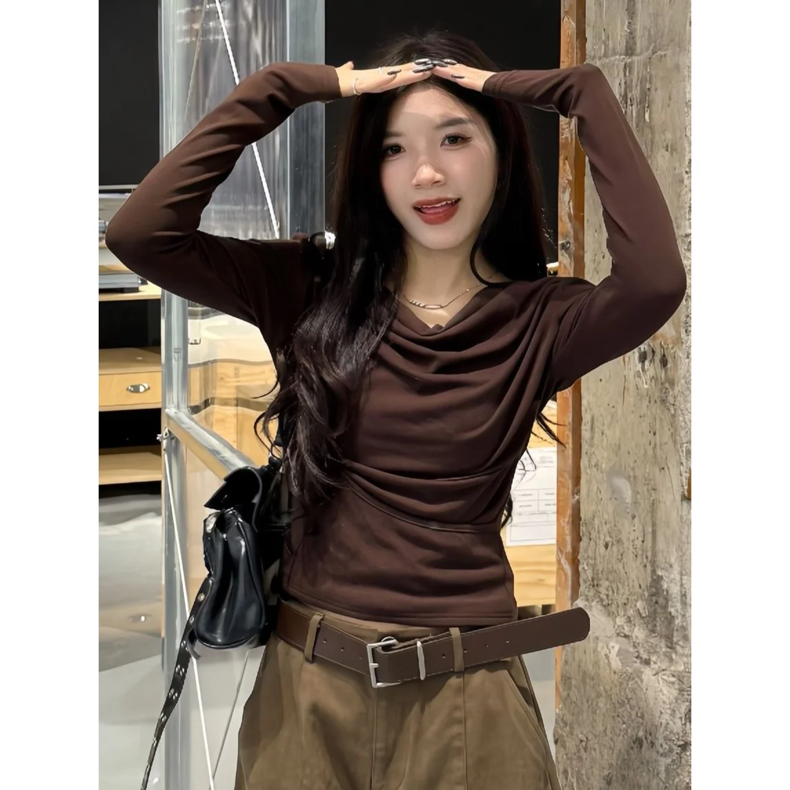 Ce Brown Long Sve Slim Fit T-irt Women's Early Autumn Base Layer irt plus Size Casual Sle Polyester Fabric