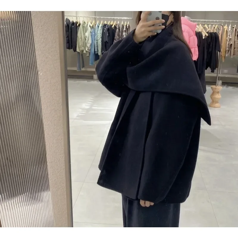 Cappotto di lana a due lati donna autunno inverno giacca di lana scialle capispalla sciarpa mantello abbigliamento donna di marca di lusso giacca a vento nera