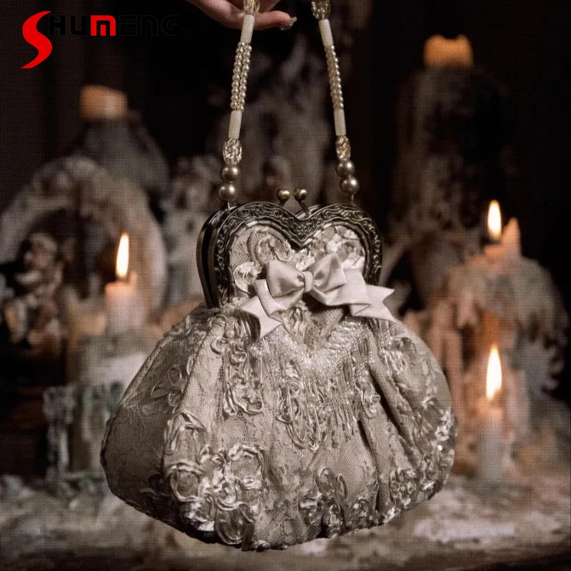 French Style Unique Design Elegant Chic Antique Mini Beading Y2k Handbag One Shoulder Portable Heart Disc Embroidered Bag Female