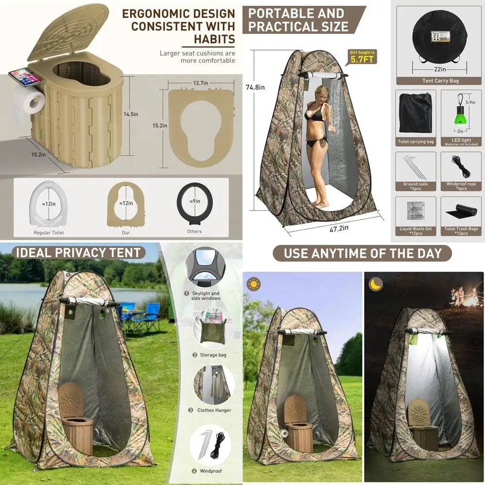 

Портативный складной туалет для улицы с LED-подсветкой и выдвижной палаткой для уединения, для взрослых, сиденье 12 дюймов, грузоподъемность 400 фунтов.