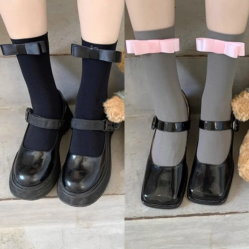 Autumn New Japanese Style All-Matching Velvet Socks Milky White Bowknot Sweet Girl Mid-Calf Length Loose Socks Thin