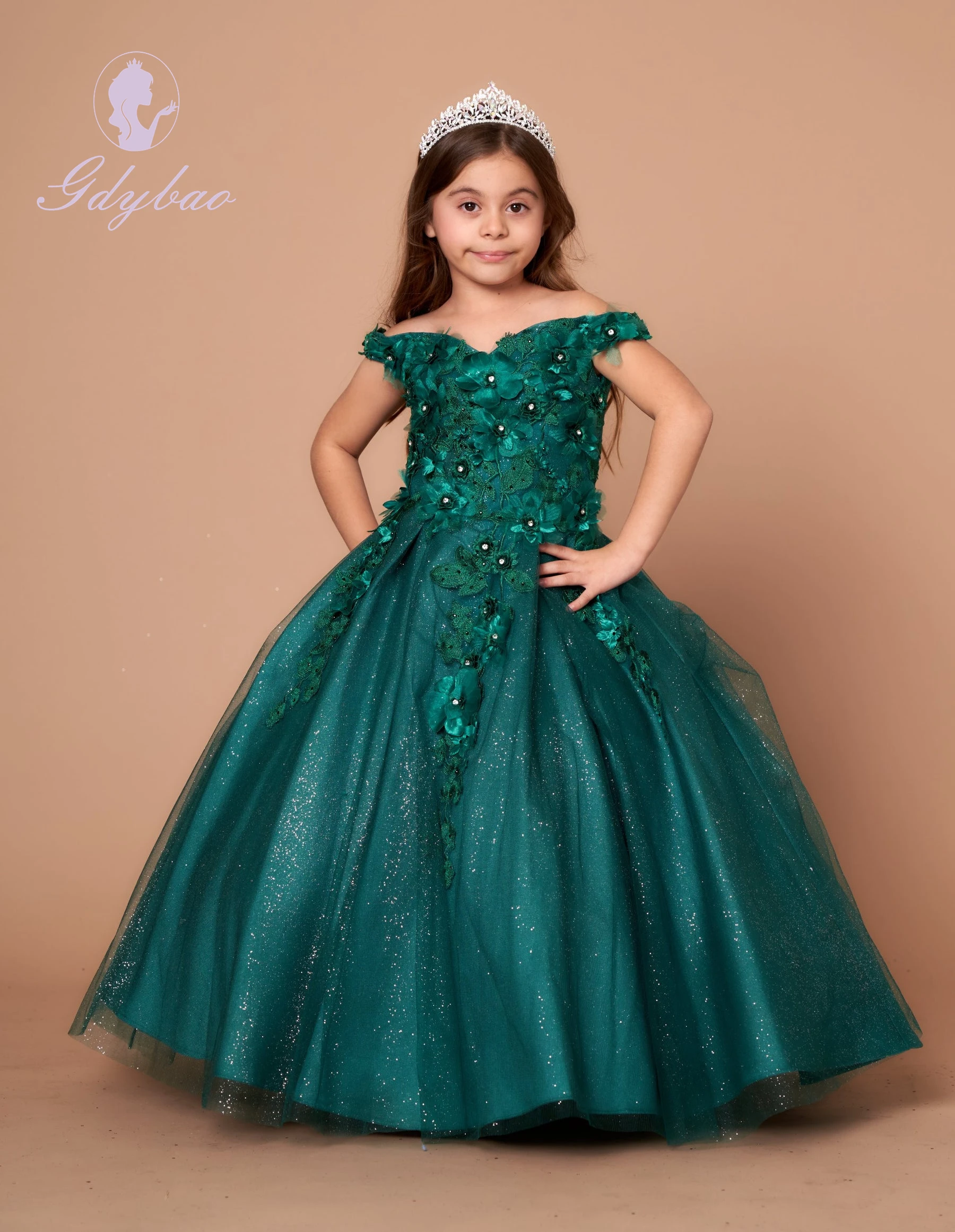 

Green 3d Applique Flower Girl Dress For Wedding Luxury Puffy Sleeveless With Bow Kids Birthday First Communion Ball Gowns