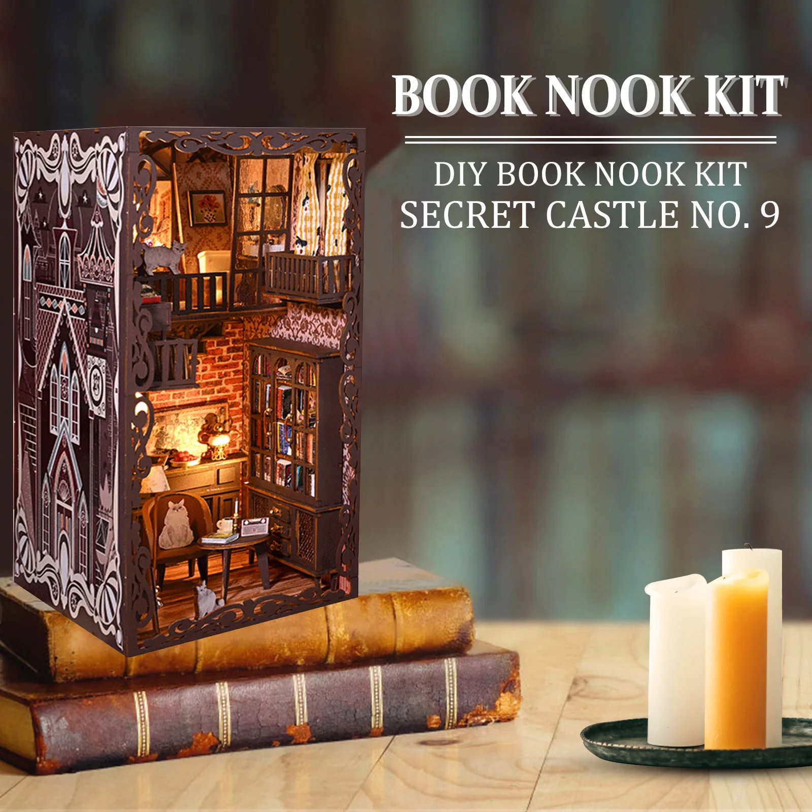 3D Bookend Kit Wooden Lighted DIY Book Nook Kit Magic World Mini Dollhouse Model Bookshelf Insert Decor Bookend Building Kit