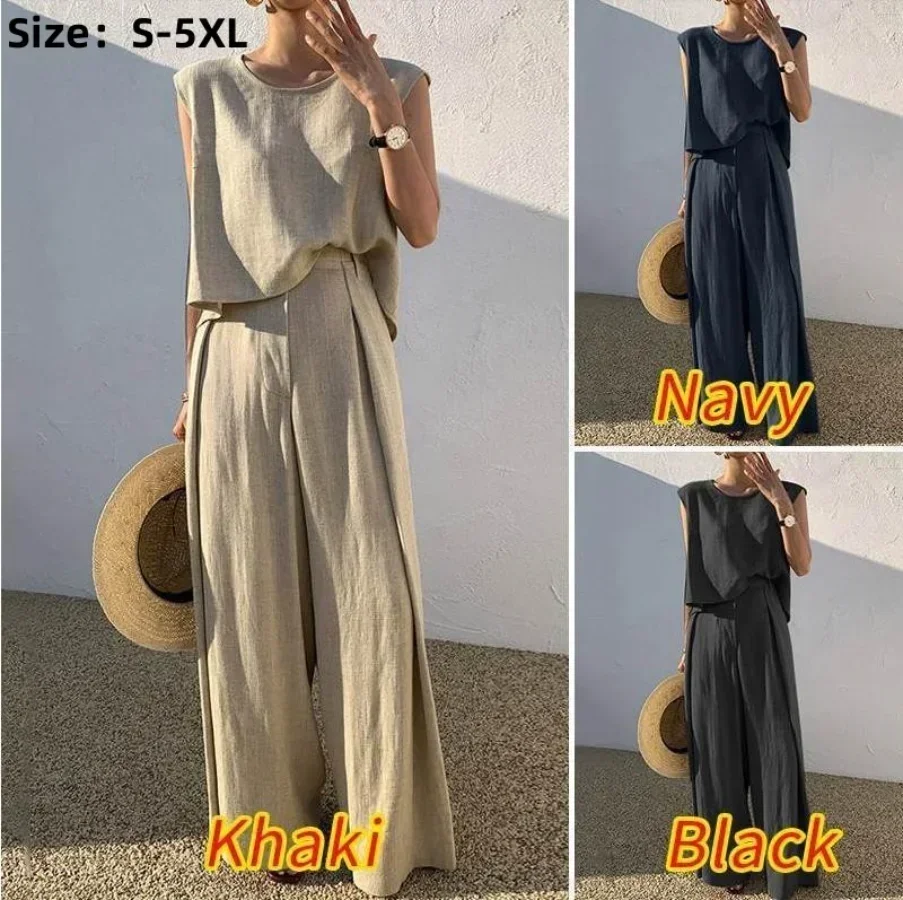 

New 2025 Women's Summer Cotton Linen Two Pieces Sets Elegant Solid Casual Sleeveless Tops and Wide Leg Pants Sets Female Sets