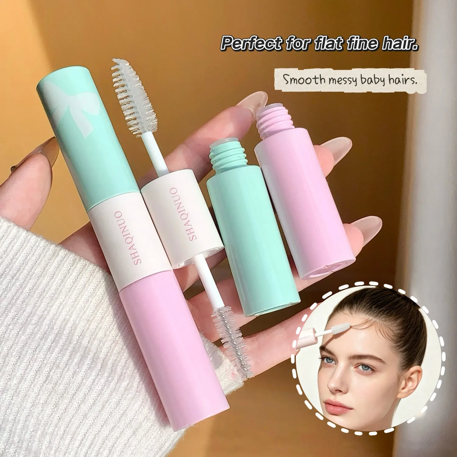 SHAQINUO 2 in 1 Dual Ended Hair Styling Gel Flyaway Hair Tamer Fluffy Bangs Fixing Cream Edge Control Brush Slick Back Finishing