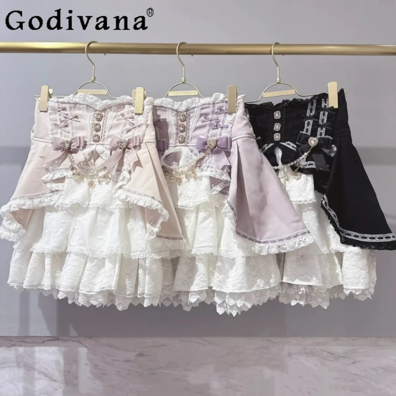 

Юбка Liz, японские шорты принцессы в стиле Лолиты, осенние женские милые юбки с жемчужной цепочкой и бантом для девочек, большие размеры, юбка с высокой талией