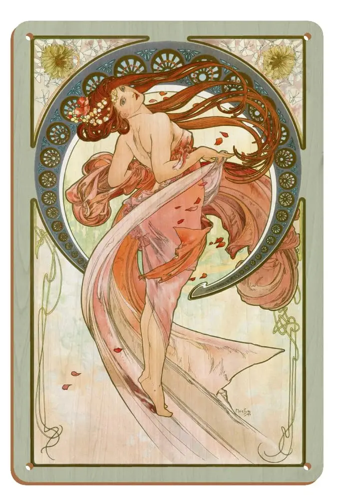 Dance - Art Nouveau Beauty - From an Original Color Illustration by Alphonse Mucha c.1890s - 8 x 12 inch Vintage Wood Art Sign