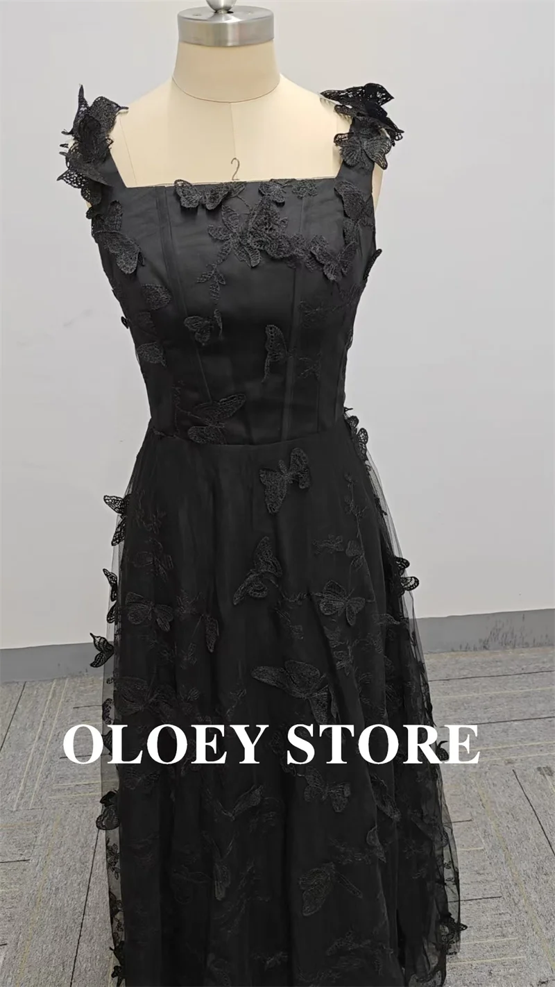 OLOEY Black Evening Dresses Korea photo shoot Straps Lace Floor Length Wedding Party Formal Gowns Corset Back In Stock