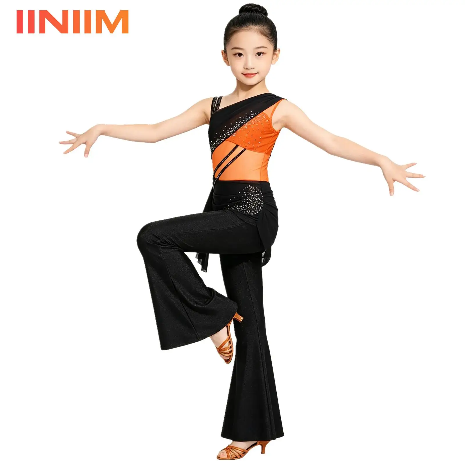 

Детский комбинезон для джазовых танцев для девочек со стразами, расклешенными брюками и блестящими стразами, костюм для выступлений по балету и джазу