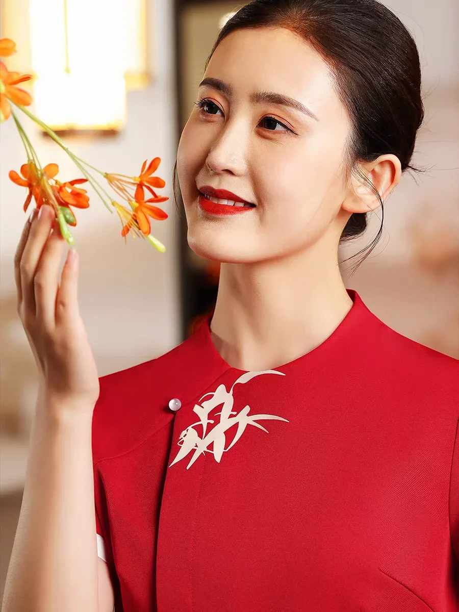 New Chinese Waiter Work Clothes Short Sleeve Hotel Restaurant Staff Summer Female Top and Apron Set Hotpot Waitress Uniform