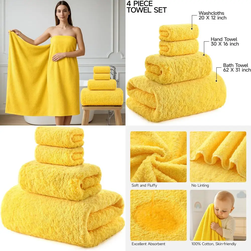 

4-Piece Luxury Cotton Bath Towel Set, 900 GSM, Ultra Soft & Absorbent, Quick Drying, Ideal for Home Spa, Adult Use - Yellow