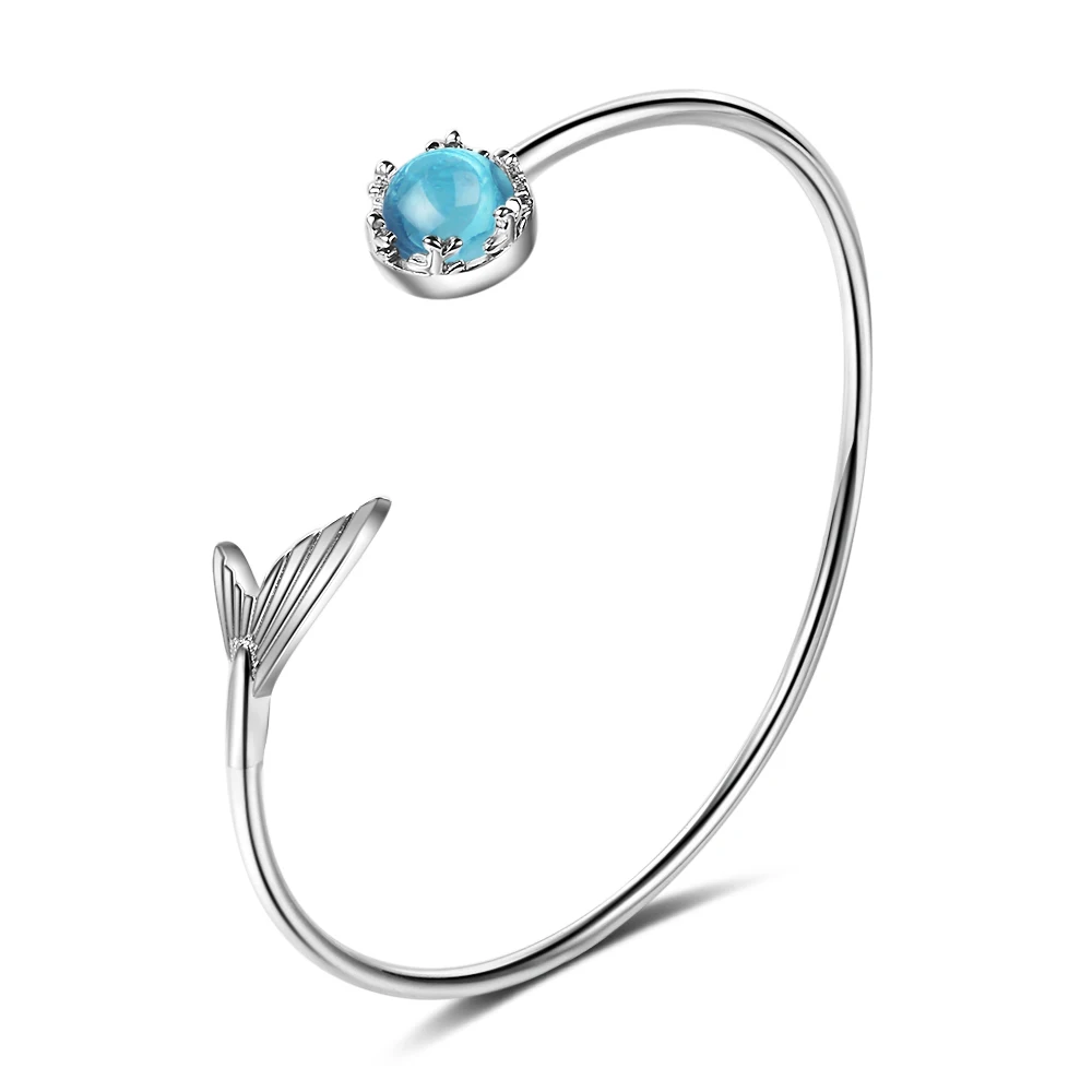 Natural Blue Topaz 925 Sterling Silver Fishtail Bubble Open Bangle for Women Statement Gemstone Jewelry Pulseiras De Prata