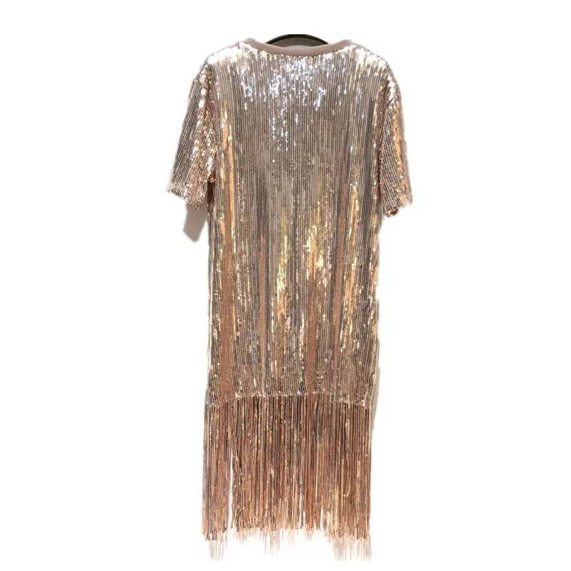 Cakucool Heavy Sequined Tassels X long Shirt Korean Design Round Neck Straight Long Shiny Silver blouse Sexy Evening Vestido