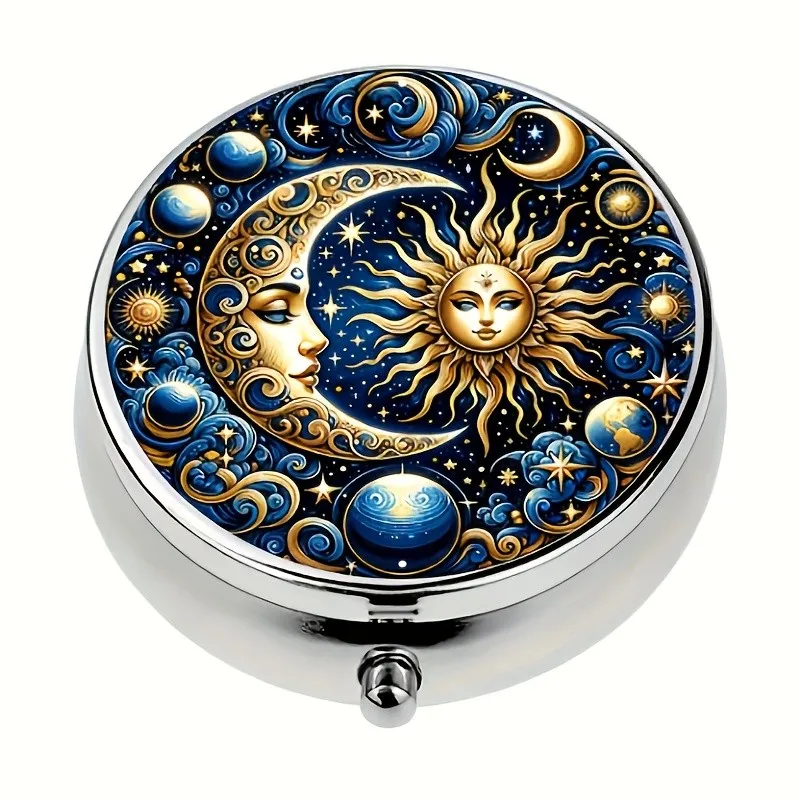 Moon And Black Cat Themed Pill Box - Golden Round Portable Design, Small Travel Size, Suitable for Wallet Or Pocket Storage