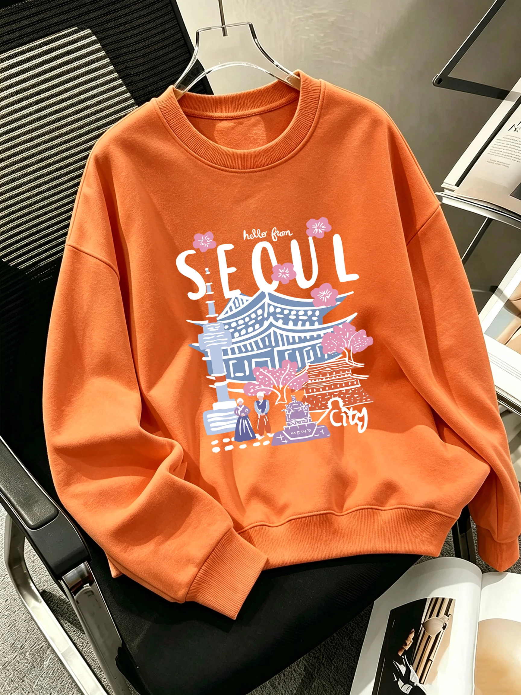Hello From Seoul City Scenery Pattern Sweatshirt Men Autumn Hip Hop Clothes Loose Casual Pullovers Crewneck Fleece Streetwear