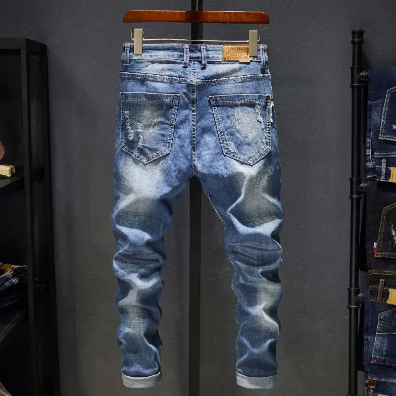 Amerikanische elastische gerade Jeans für Herren, zerrissene, abgenutzte Slim-Fit-Baumwoll-Denim-Hosen, koreanischer Stil, modische Hosen, Herrenbekleidung – Detail 19
