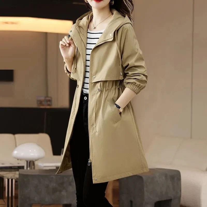 Spring Autumn Female Hooded Versatile Trench Coat Korean Lady Hooded Mid Length Version Outwear British Women  Windbreaker Tops