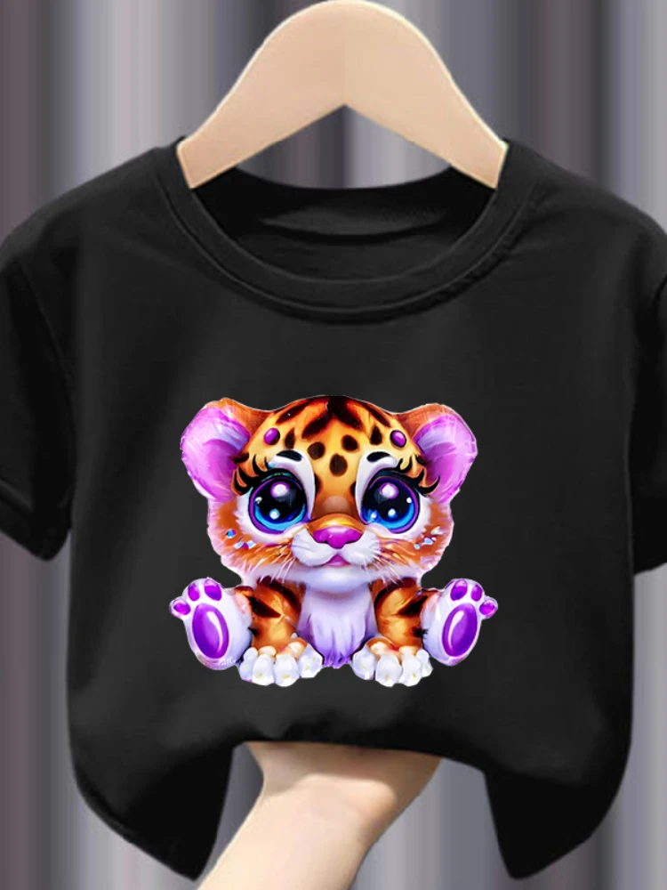 Colorful Cute Tiger Print Girls Soft and Stretchy Round Neck Short Sleeve T-shirt Kids Clothes  Clothes  Girls Clothes