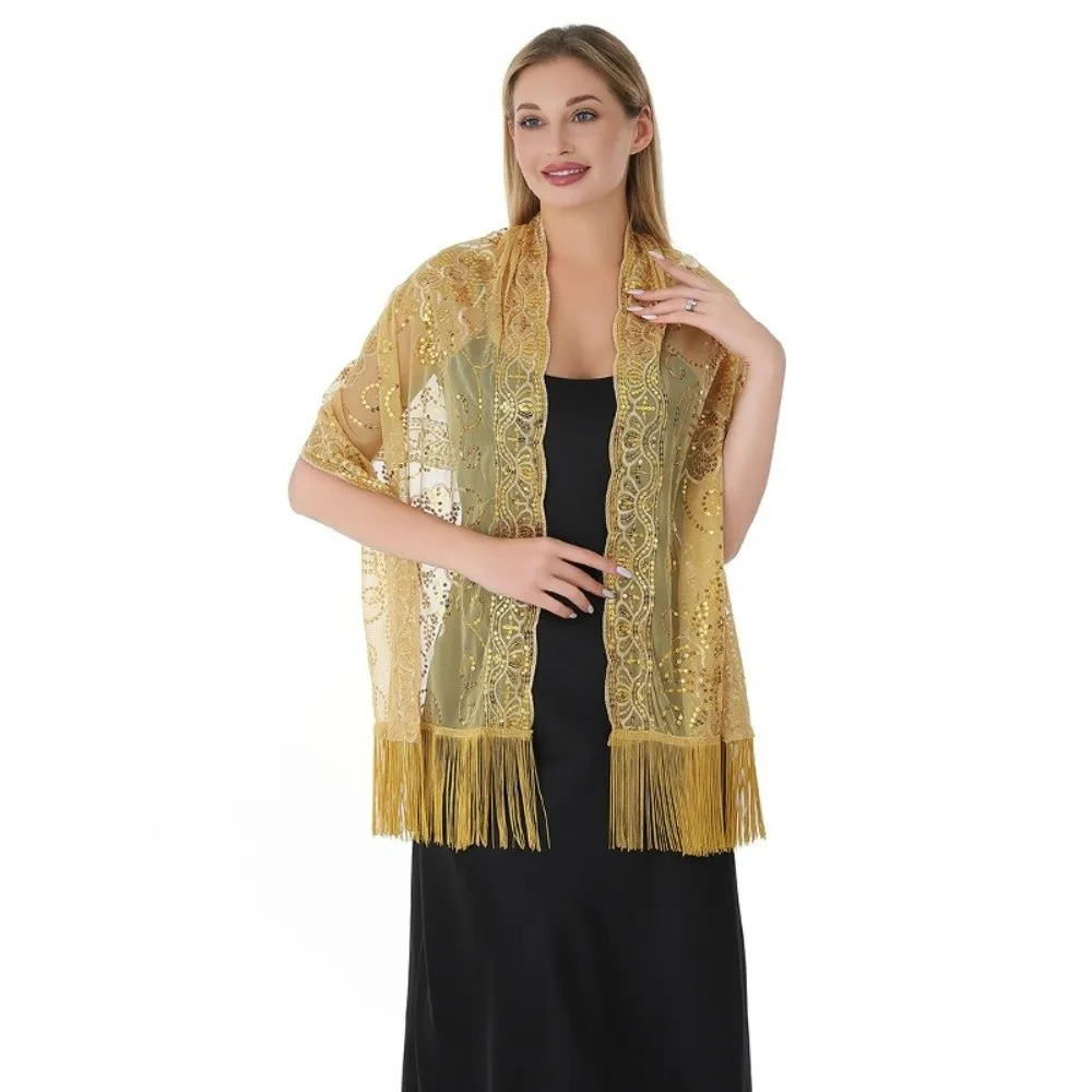 

Elegant Sequins Evening Dress Shawl Pure Color Mesh Lady Party Shawl Wraps with Tassel Wedding Capes for Women