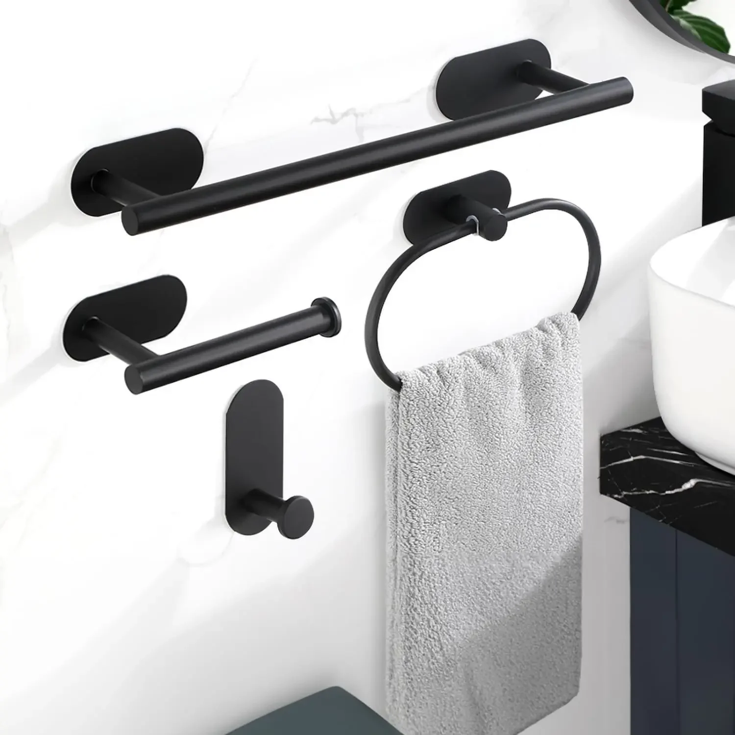 

Steel Bathroom Accessories Set, Self Adhesive Towel Bar, Towel Ring, Paper Holder, Hook, 5Pcs, 15.7Inch