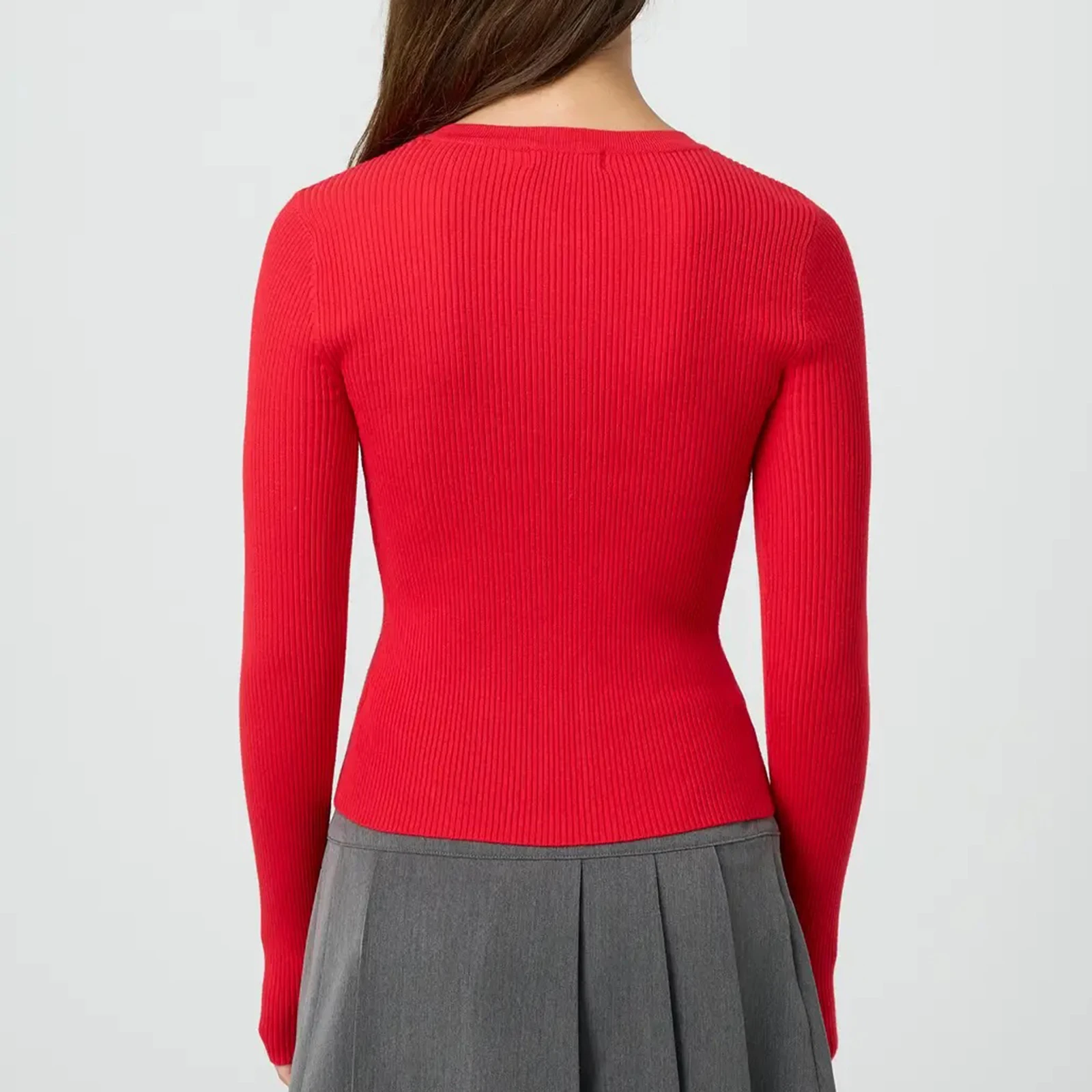 Cardigan com nervuras feminino topos primavera outono cor sólida manga longa em torno do pescoço botão acima blusas cortadas feminino pullovers casuais