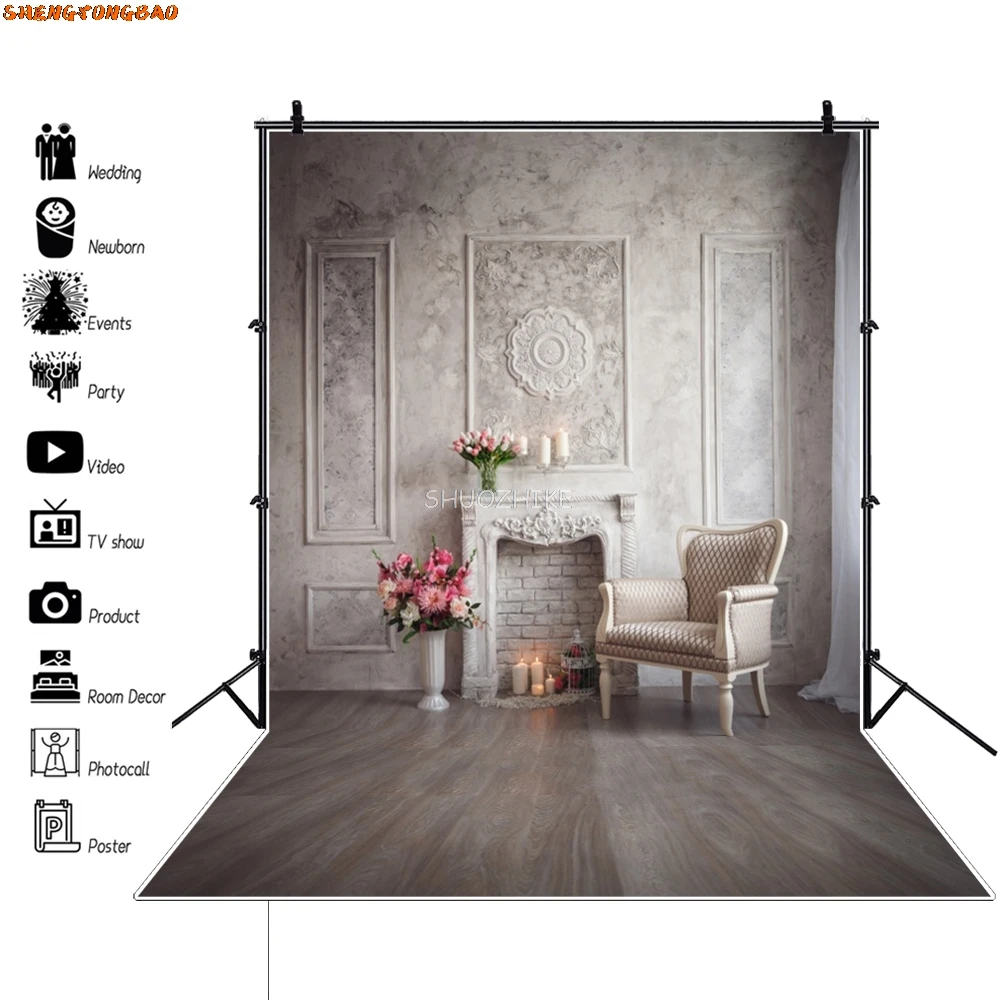 

Old Chic Wall White Fireplace Armchair Flower Wooden Floor Baby Interior Photo Backdrops Photography Backgrounds Photo Studio