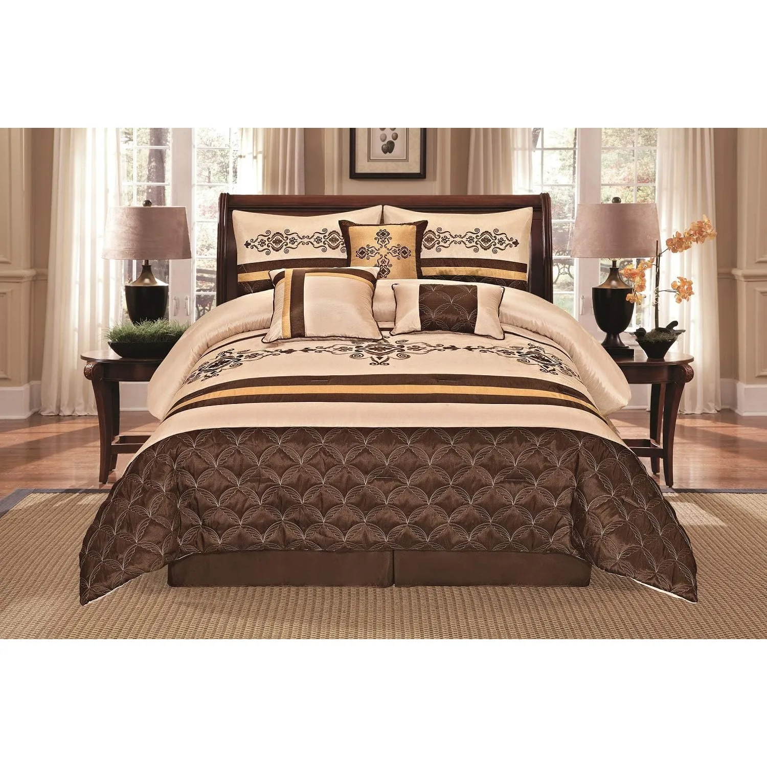 7 Pieces Complete Bedding Ensemble Beige Brown Gold Luxury Embroidery Comforter Set Bed-in-a-Bag Bedding- Yasmen King