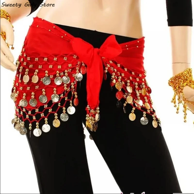 Women Latin Dance Practice Dress Performance Hip Skirts with Coin Tassel Sequins Belts Sexy Belly Waist Scarf Chiffon Skirts