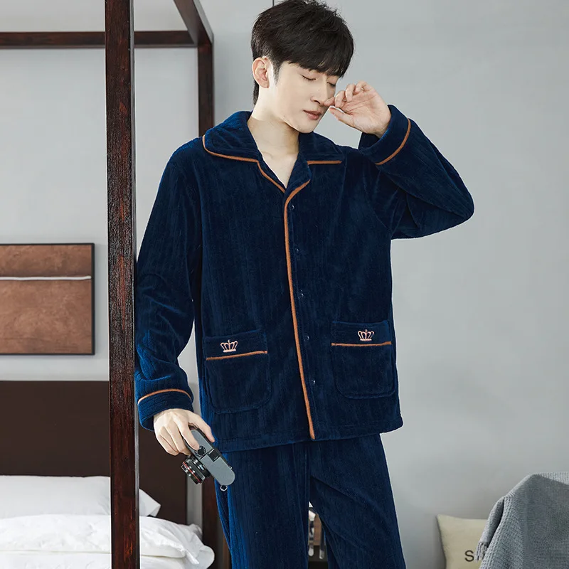 Men Warm Flannel Autumn Winter Pajamas Turn-down Collar Long-sleeved Trousers Two-piece Set Loose Comfortable Sleepwear Suit