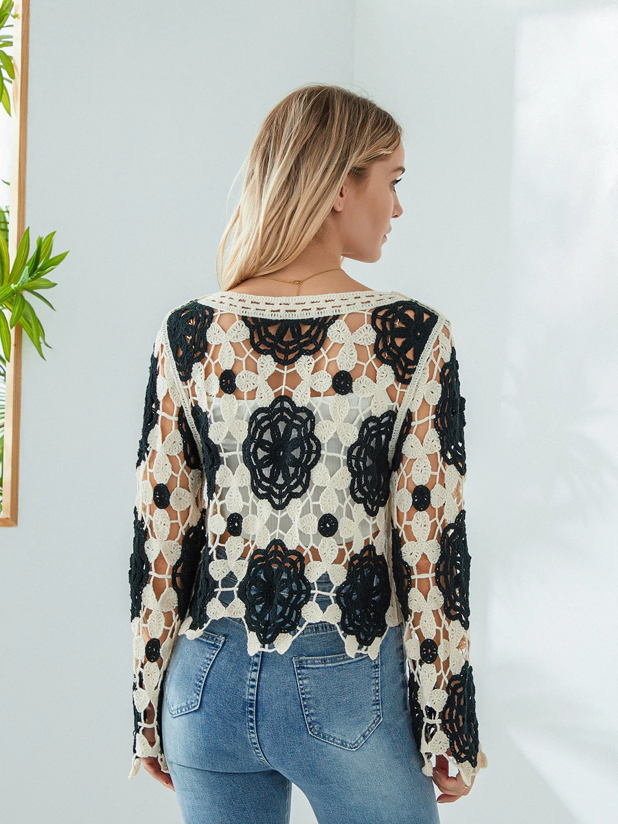 Nowa moda Damskie wiosenne letnie dzianinowe topy z długim rękawem Crewneck Floral Crochet Casual Crop Tops Club Street Style Gorąca wyprzedaż