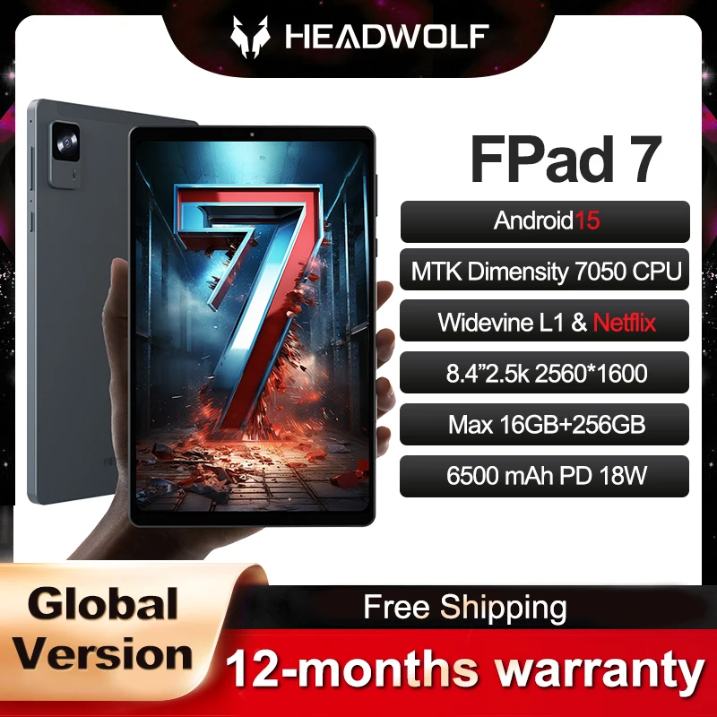 تابلت Headwolf FPad7 8 بوصة Android 15 2560x1600 16GB LPDDR5+256GB UFS 3.1، 6500mAh PD18W، كاميرا 8MP/16MP، SIM 4G LTE WiFi 6