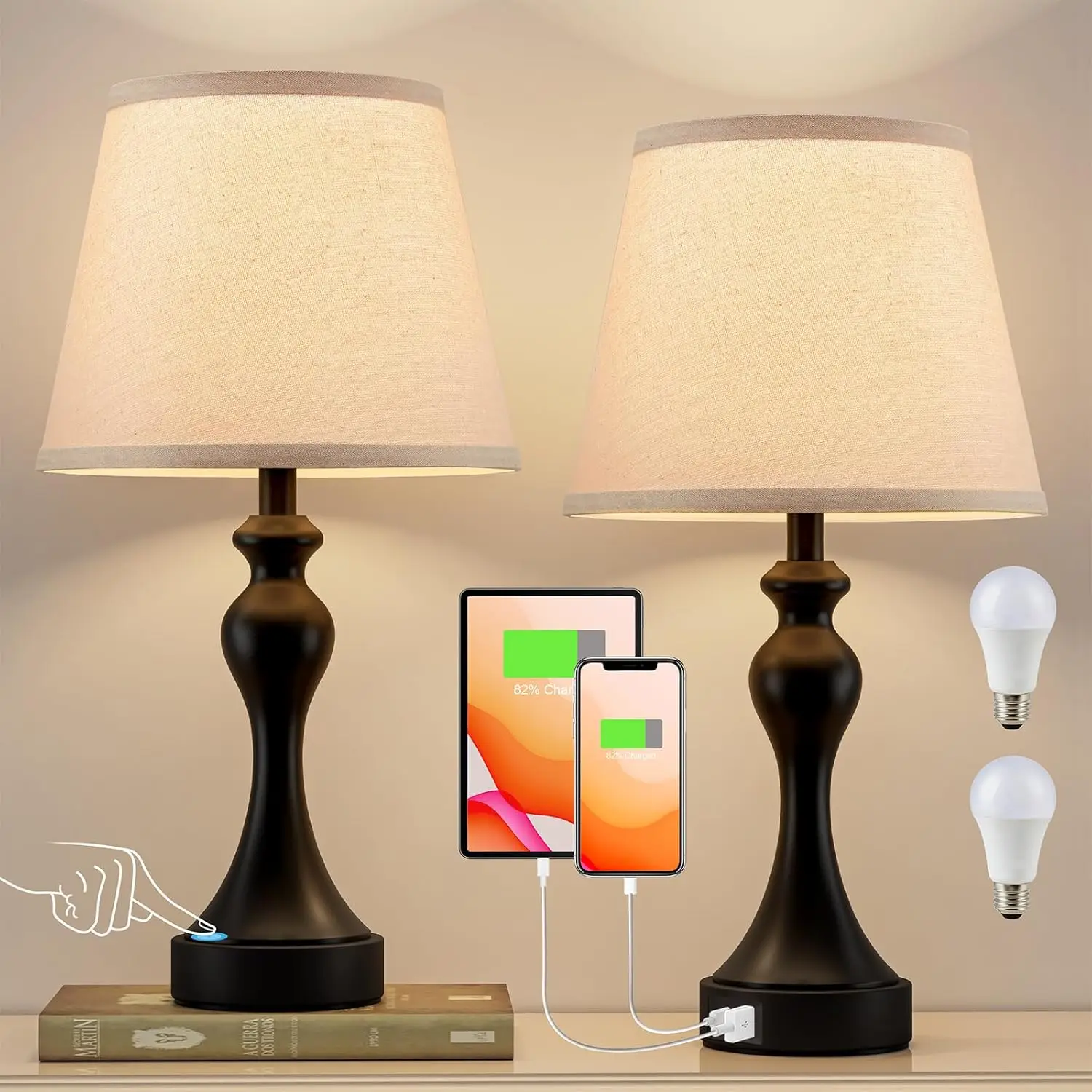 Touch Control Nightstand Lamps Set of 2, Dimmable with USB C+A Charging, LED Bulbs Included