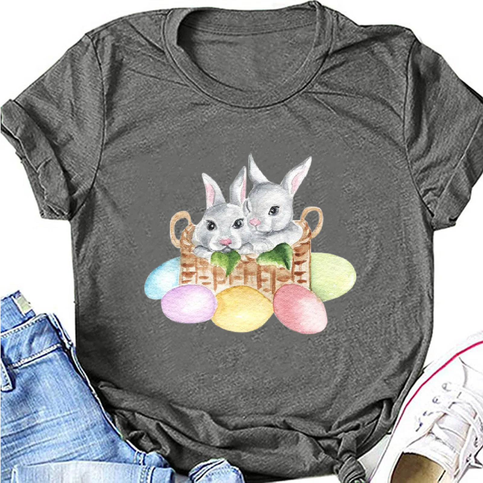 Women Easter Tee T-Shirts Crew Neck Bunny Print Short Sleeve Y2k Tees Basic Tops Adult Spring Clothing Sunday Holiday Wear