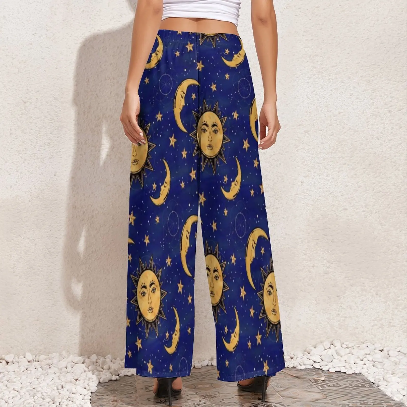 Funny Moon Pants Summer High Waisted Vintage Sun Stars Celestial Classic Wide Pants Women Oversized Streetwear Straight Trousers