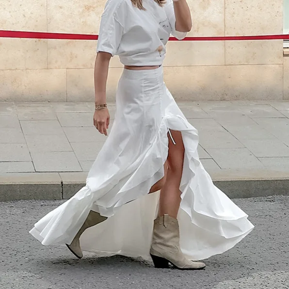 Sweet and Cool Cotton Versatile Irregular White Long Dress Women's Split Lotus Leaf Edge Gentle Small Fresh Temperament Skirt