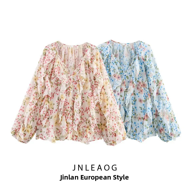 JNLEAOG Women's Printed irt Layered Decorative Design Autumn New Sle V-Ne Long Sve Polyester Fiber Casual Blouse